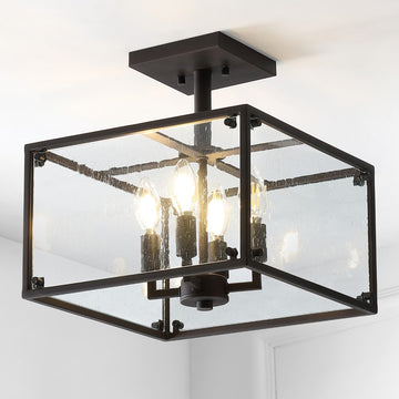 Paysan 13" Iron/Seeded Glass Rustic Farmhouse LED Flush Mount - JONATHAN Y